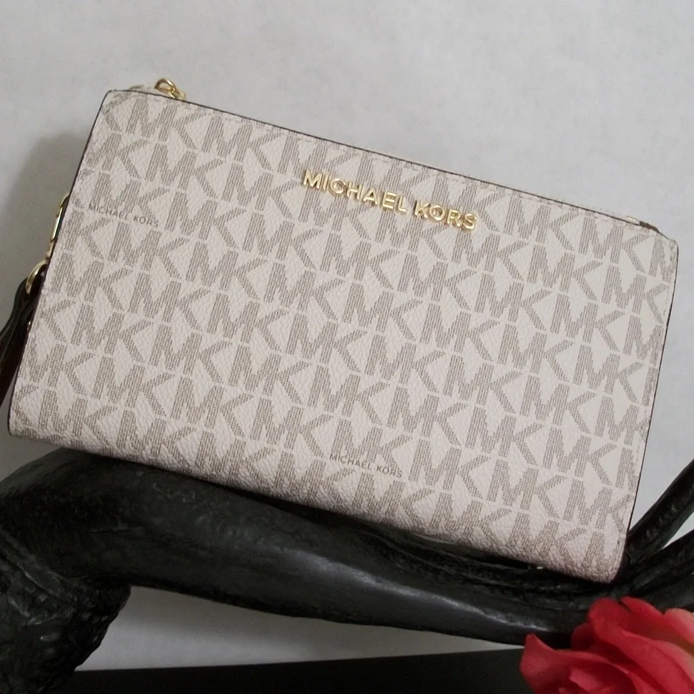 Michael Kors Signature Smartphone Wallet  In White Logo Canvas Print Wristlet